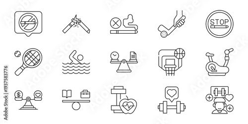 Icons representing healthy lifestyle choices, fitness, and well-being