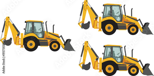 Backhoe loader construction machinery set with digging bucket excavator arm heavy equipment vehicle flat vector illustration isolated collection