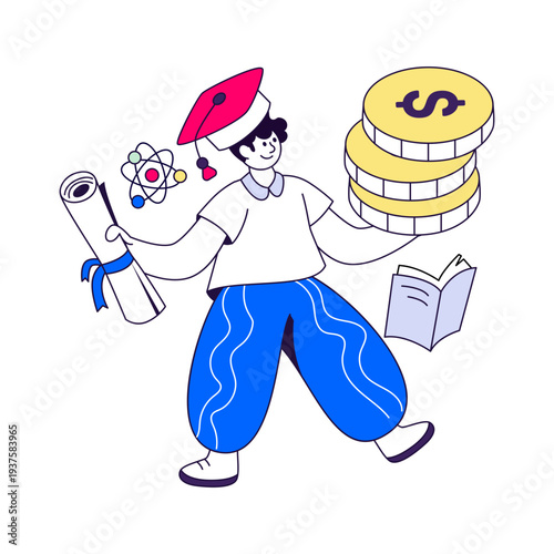 Mortarboard with book and dollar coins, flat design of educational grant