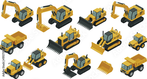 Construction heavy machinery vehicles collection including excavators bulldozers loaders and dump trucks isolated flat vector illustration equipment set