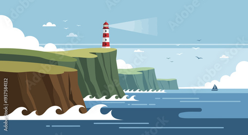 Lighthouse on cliff overlooking sea with sailboat