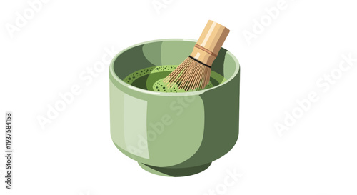 Matcha tea preparation with bamboo whisk
