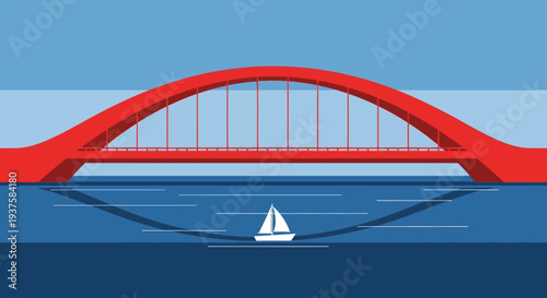Red bridge over blue water with sailboat