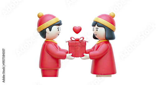 Children Exchanging Gift with Heart Icon
