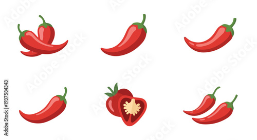 Vector illustration of red chili peppers in various orientations on a white background.