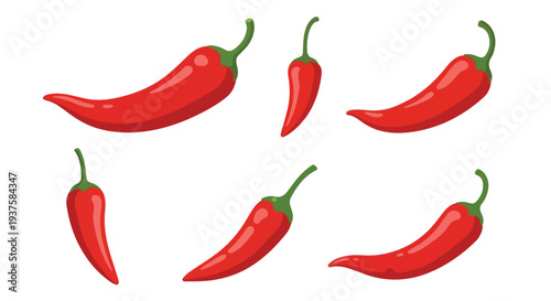 Vector illustration of multiple red chili peppers in various orientations on a white background.