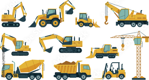 Construction heavy machinery vehicles set including excavator bulldozer crane dump truck cement mixer forklift loader flat vector illustration collection