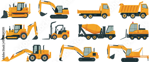 Construction machinery vehicles collection including excavator bulldozer dump truck concrete mixer forklift crane loader heavy equipment flat vector illustration set