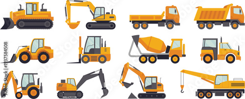 Construction machinery vehicles set with excavator bulldozer dump truck crane forklift loader mixer heavy equipment flat vector illustration collection
