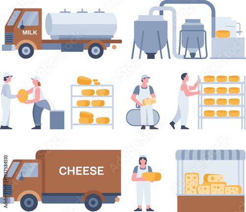 Dairy cheese production process with milk delivery truck factory equipment workers packaging storage and market stall flat vector illustration