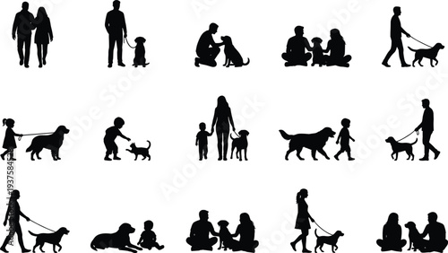 Photography Collection of fifteen silhouettes of people with dogs and cats in various activities including walking, sitting, and playing, vector illustration design for pets, family, and companionship