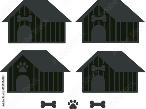 Collection of four doghouse silhouettes with bone and paw print symbols, unique pet shelter design, puzzle concept illustration for animals, dogs, and decorative vector art.