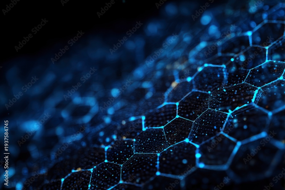 Obraz premium Detailed blue hexagonal grid pattern with glowing connections and scattered bright points across a dark background