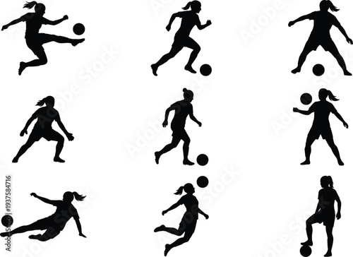 Collection of nine female soccer player silhouettes in dynamic poses including kicking, dribbling, running, and controlling the ball, vector illustration design for sports, fitness