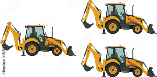 Yellow backhoe loader construction machinery set with digging bucket excavator arm heavy equipment vehicle flat vector illustration collection