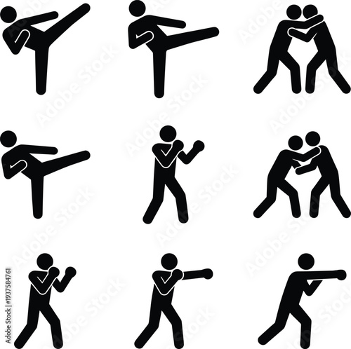 Collection of nine martial arts silhouettes featuring high kicks, punches, grappling, and fighting stances, vector illustration design for combat sports, training, fitness, and self-defense concepts.