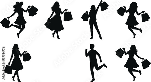 Collection of seven shopping silhouettes featuring joyful adults and children holding bags, dynamic vector illustration design for retail, fashion, consumerism, lifestyle, promotion, 