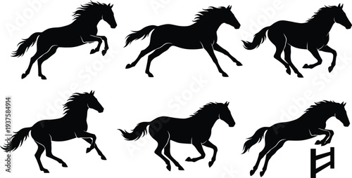 Collection of sixteen deer silhouettes in diverse poses including standing, walking, running, leaping, and lying, vector illustration design for wildlife, animals, hunting, 