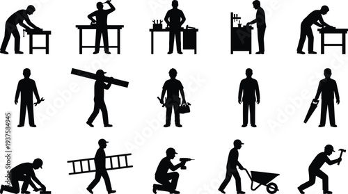 Collection of sixteen construction worker silhouettes showing manual labor activities including sawing, hammering, drilling, carrying tools, and pushing wheelbarrows, vector illustration for trades, 