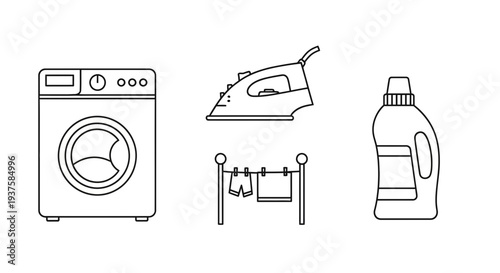 Laundry Set: Washing Machine, Iron, Clothesline, Detergent Bottle - Line Art Icons