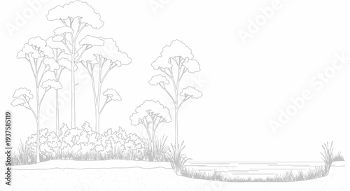 Serene forest landscape with a tranquil pond and lush vegetation, line art illustration