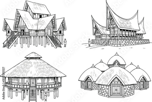 Set of Four Detailed Black and White Vector Illustrations Featuring Traditional Southeast Asian Tribal Houses and Indigenous Architecture for Cultural and Historical Designs