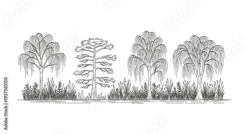 Hand-drawn sketch of diverse trees and reeds by water, minimalist line art.