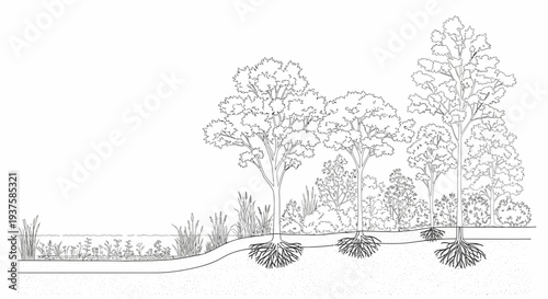 Cross-section of riparian vegetation with diverse plant life and extensive root systems
