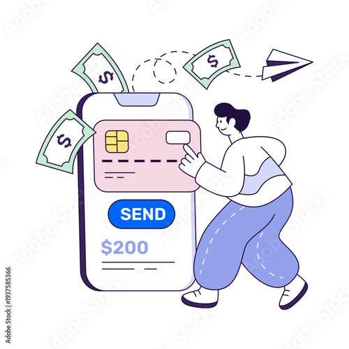     Card inside smartphone, illustration of send money online 