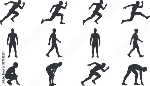 Collection of twelve athletic human silhouettes in dynamic poses including running, walking, squatting, bending, and sprinting, vector illustration design for sports, fitness, training,