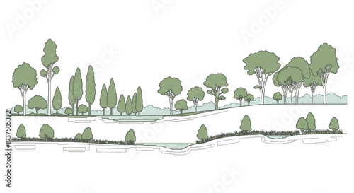 Landscape Design Elevation Drawing: Trees, Hills, and Water Features
