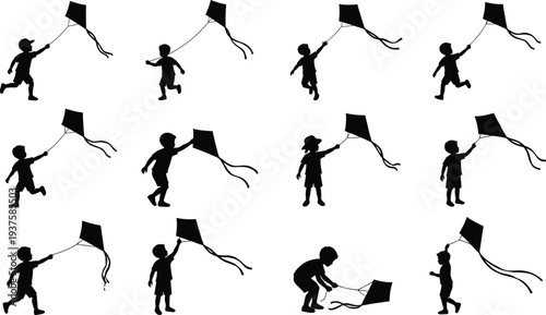 Collection of twelve children flying kites in dynamic poses including running, standing, and bending, playful silhouette vector illustration design for outdoor activity, recreation, and festive art.