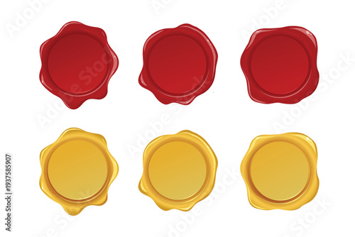 Collection of realistic red and gold wax seal stamps, elegant vintage badges for certificates, invitations, branding, and official documents.