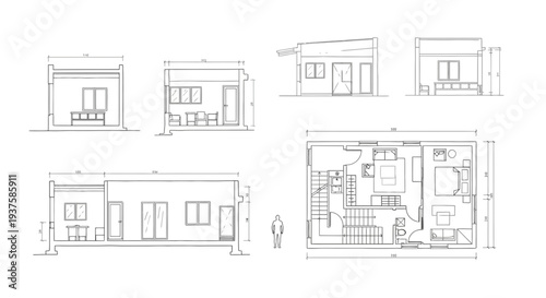 Architectural Floor Plan and Elevations of a Modern House Design