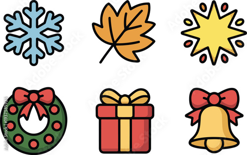 Colorful seasonal holiday icon set with snowflake autumn leaf sparkler Christmas wreath gift box and golden bell on black