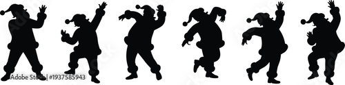 Set of dancing Santa Claus silhouettes in different poses isolated on light background Christmas holiday celebration festive character vector illustration collection