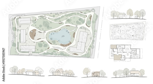 Architectural plan and elevations of a park with buildings, pond, and trees
