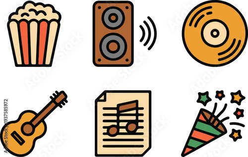 Retro entertainment icon set with popcorn speaker vinyl record acoustic guitar musical notes and party popper on black background
