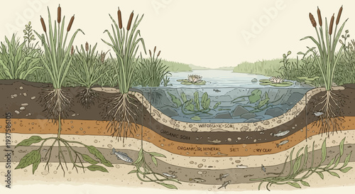 Cross-section of a wetland ecosystem showing soil layers, aquatic plants, and fish