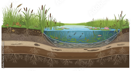 Pond ecosystem cross-section: aquatic life, plants, roots, and soil layers