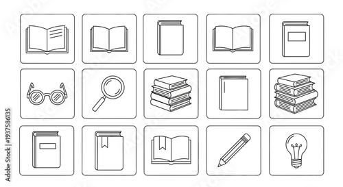 Collection of Book Icons: Open, Closed, Stacked, Reading Glasses, Magnifying Glass, Pencil, Lightbulb