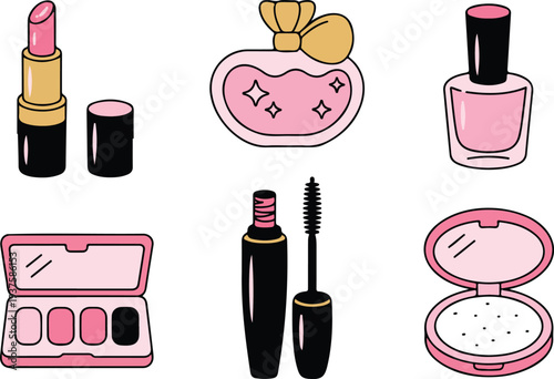 Stylized beauty makeup icon set with lipstick perfume bottle nail polish eyeshadow palette mascara and powder compact