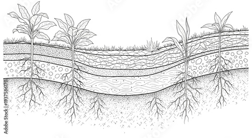 Cross-section of soil layers with plant roots, showing stratification and soil horizons.