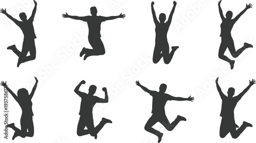 Collection of eight human silhouettes in dynamic jumping poses, expressive vector illustration design symbolizing joy, freedom, celebration, energy, and movement for art, sports, and decoration.