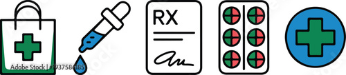 Medical healthcare icon set with pharmacy bag eyedropper prescription document pill blister pack and green cross symbol