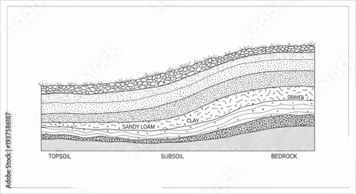 Soil Profile Layers: Topsoil, Subsoil, Clay, Gravel, and Bedrock Cross-Section Diagram
