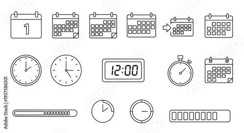 Calendar and Clock Icons Set: Time Management, Planning, Schedule, Deadline, Countdown, Stopwatch