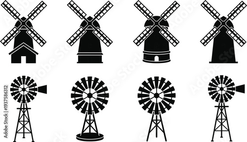 Collection of eight windmill silhouettes featuring traditional European and American styles with varied blade and tower designs, vector illustration for architecture, energy, history,