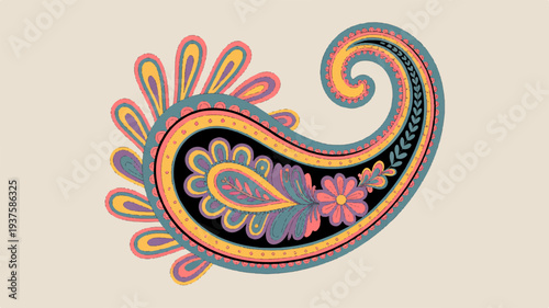 Colorful paisley design with floral patterns and intricate details on beige background