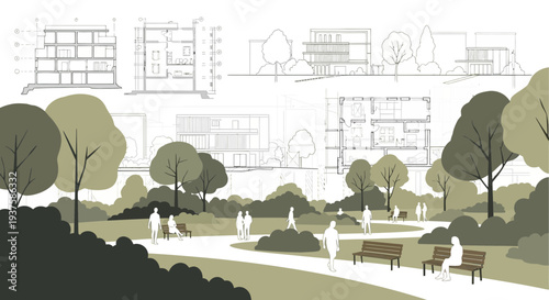 Architectural design and park landscape with people relaxing, modern buildings blueprints